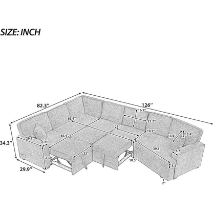 126" L-shaped Sofa Sectional Sofa Couch Pull-out Sofa Bed with Charging Devices and Cup Holders for Living Room, Beige