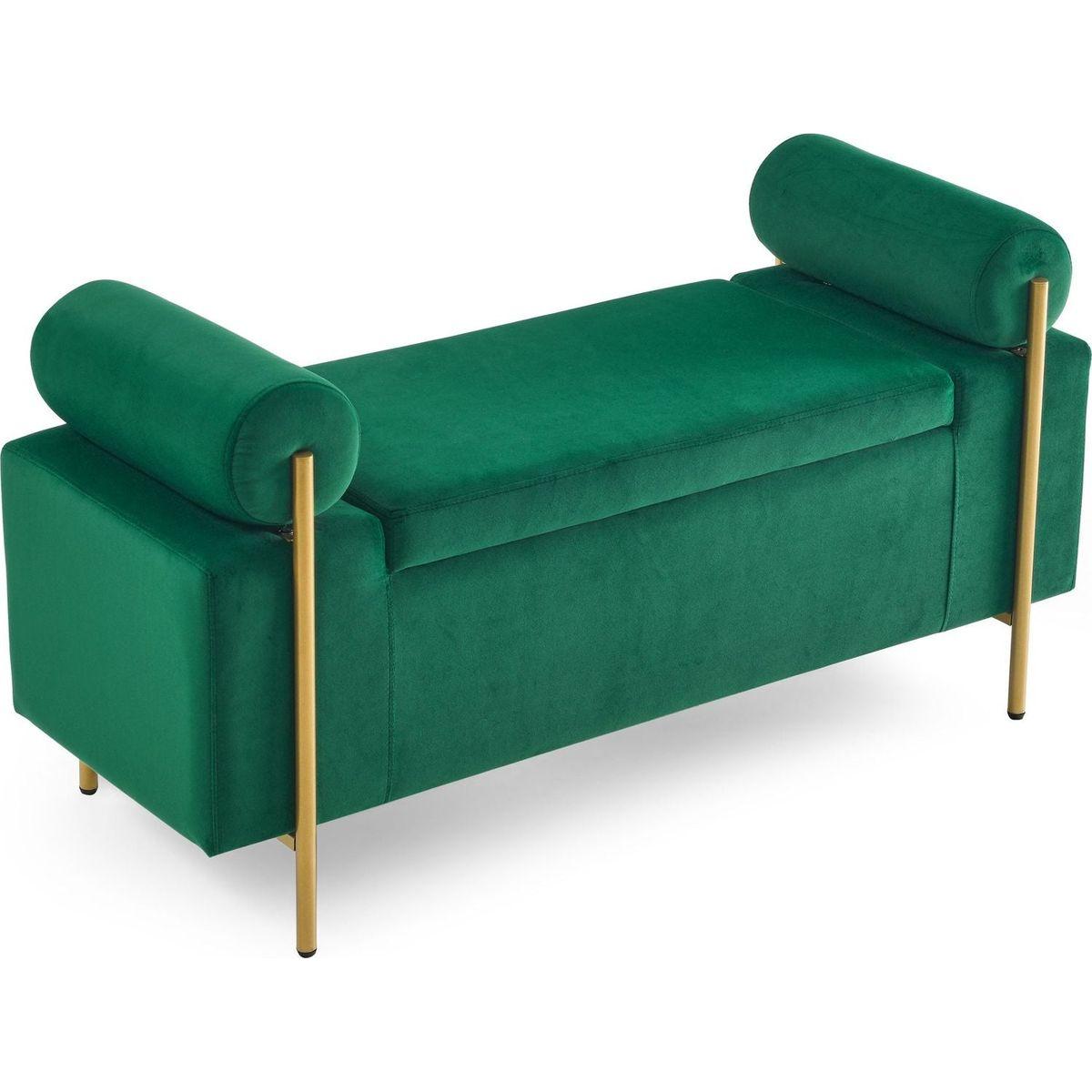 Elegant Upholstered Velvet Storage Bench with Cylindrical Arms and Iron Legs for Hallway Living Room Bedroom, Green