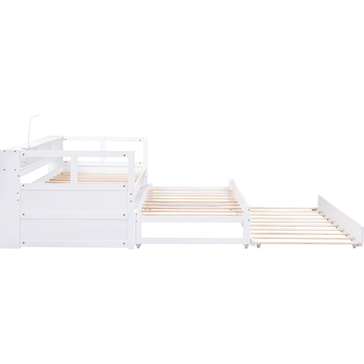 Twin XL Wood Daybed with 2 Trundles, 3 Storage Cubbies, 1 Light for Free and USB Charging Design, White