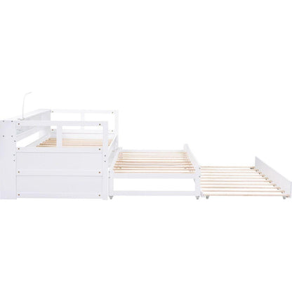 Twin XL Wood Daybed with 2 Trundles, 3 Storage Cubbies, 1 Light for Free and USB Charging Design, White