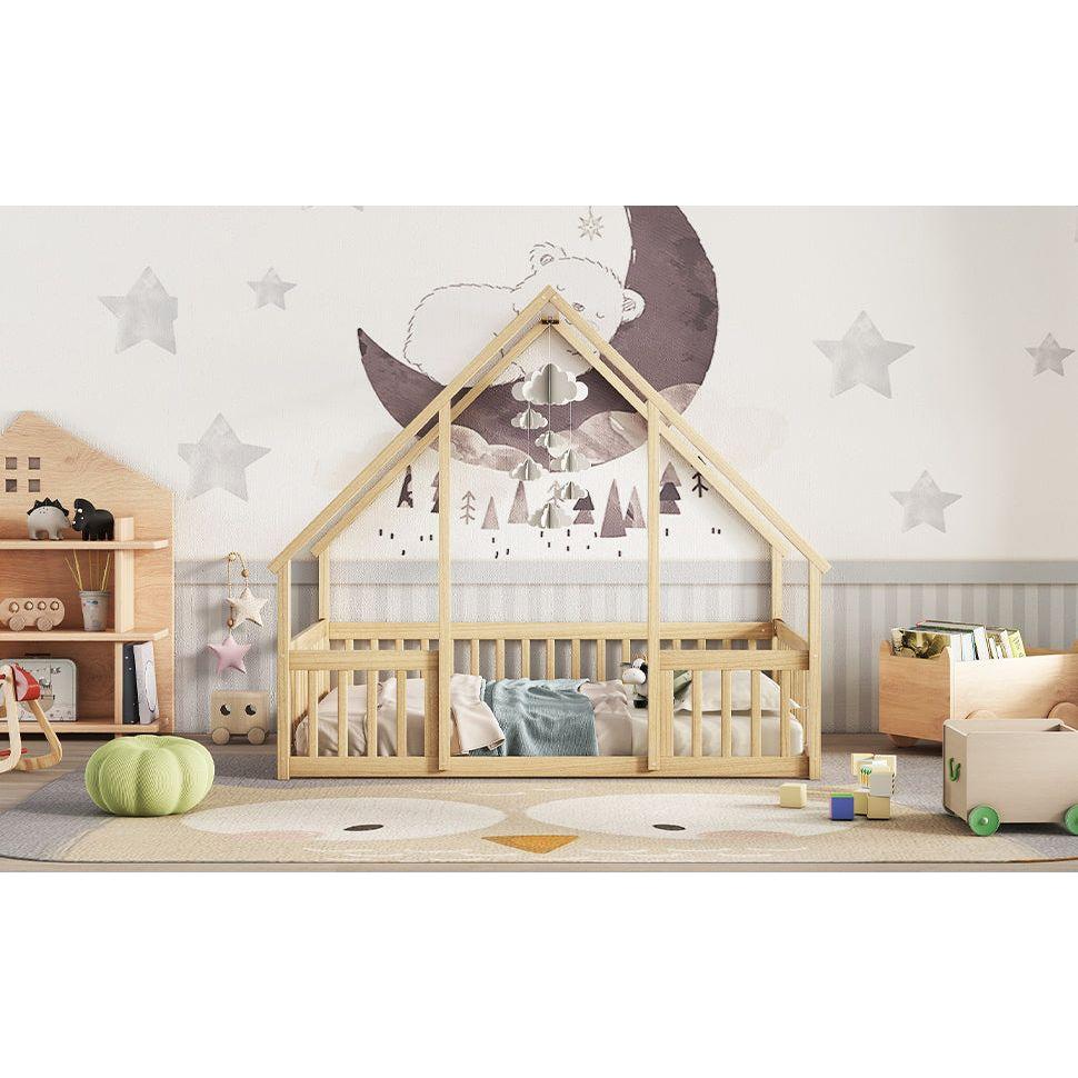 Full Wood House-Shaped Floor Bed with Fence, Guardrails,Natural