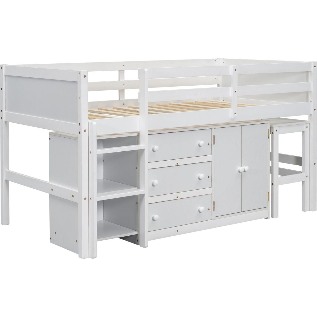 Twin Size Low Loft Bed With Pull-Out Desk, Drawers, Cabinet, and Shelves for White Color