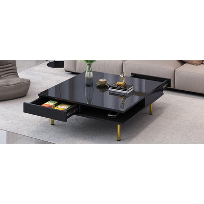 Exquisite High Gloss Coffee Table with 4 Golden Legs and 2 Small Drawers, 2-Tier Square Center Table for Living Room, Black