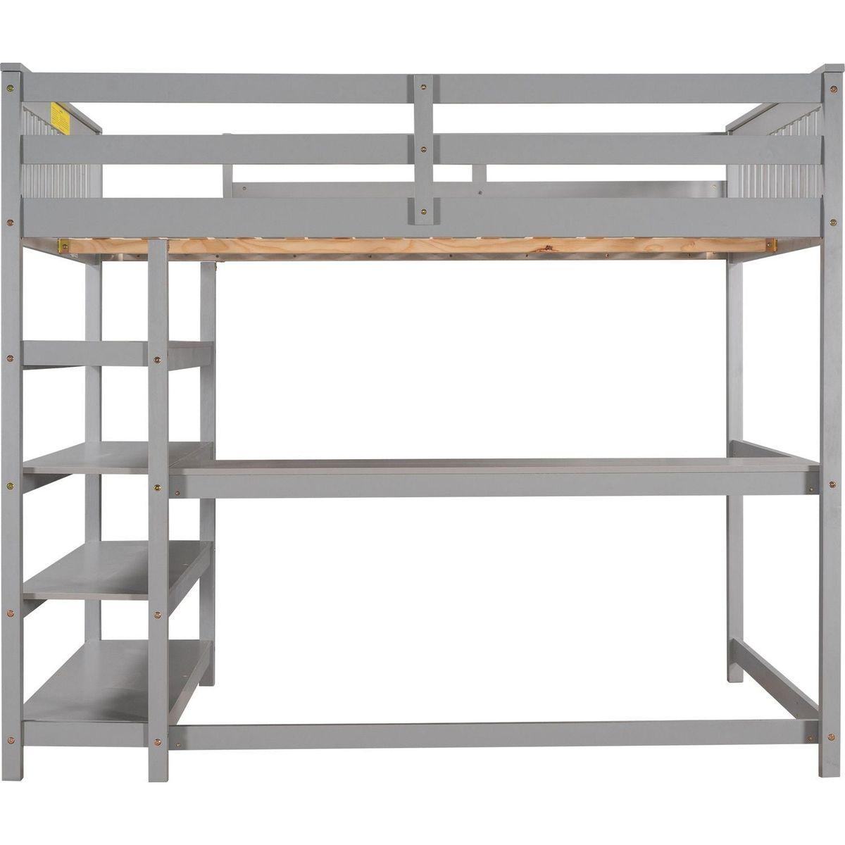 Full Size Loft Bed with Storage Shelves and Under-bed Desk, Gray