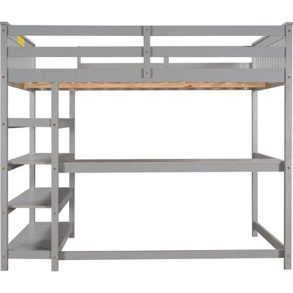 Full Size Loft Bed with Storage Shelves and Under-bed Desk, Gray