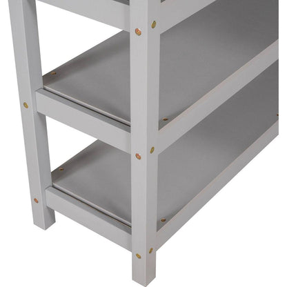 Full Size Loft Bed with Storage Shelves and Under-bed Desk, Gray