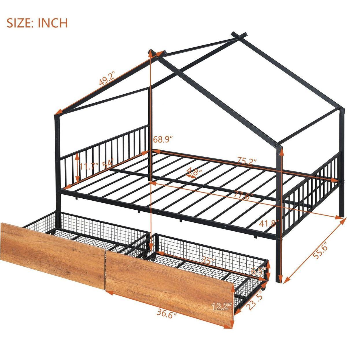 Full Size Metal House Bed with Two Drawers, Black