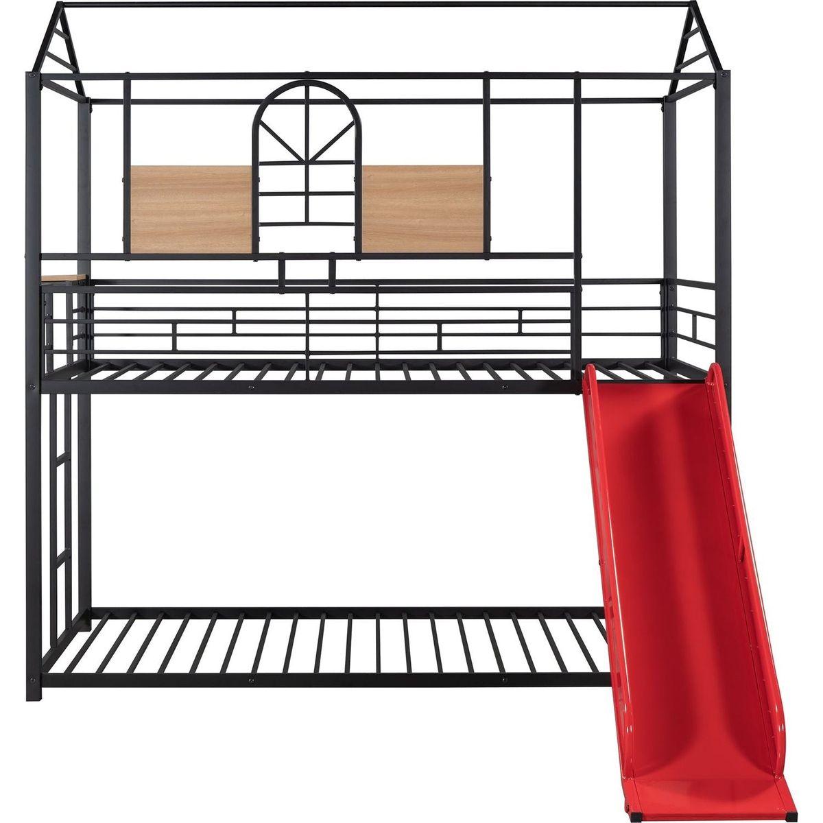 Twin Over Twin Metal Bunk Bed, Metal Housebed With Slide,Three Colors Available.(Black with Red Slide)