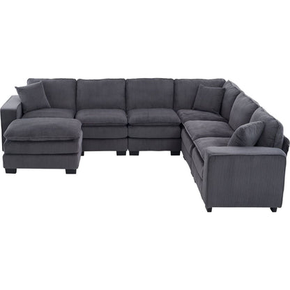 Modern U Shaped 6-seat Sectional Sofa Couch with one Ottoman and three toss pillows, Modular Sofa for Living Room,Corduroy sofa