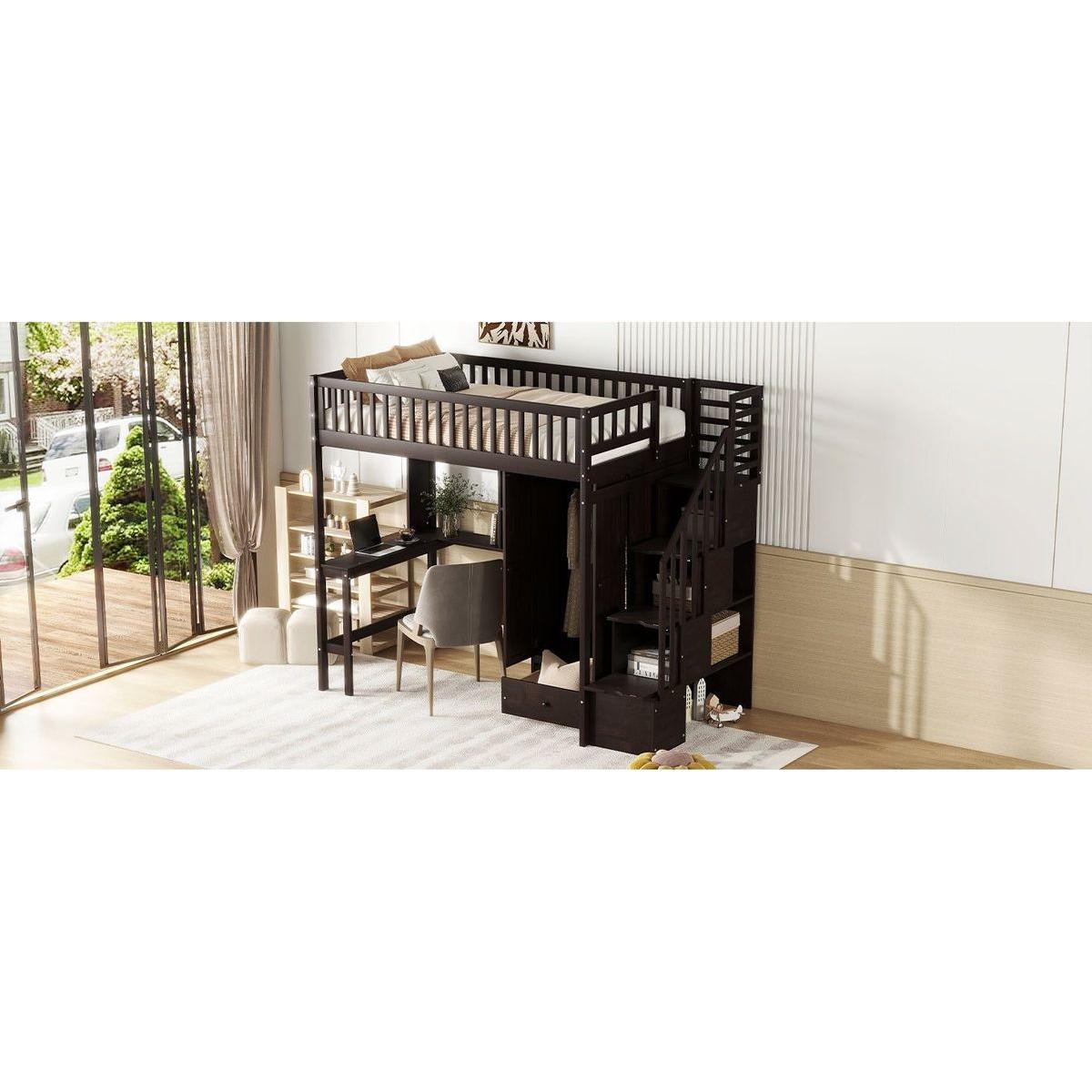 Twin size Loft Bed with Bookshelf,Drawers,Desk,and Wardrobe-Espresso