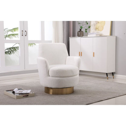 Teddy Swivel Barrel Chair, Swivel Accent Chairs Armchair for Living Room, Reading Chairs for Bedroom Comfy, Round Barrel Chairs with Gold Stainless Steel Base (Ivory)