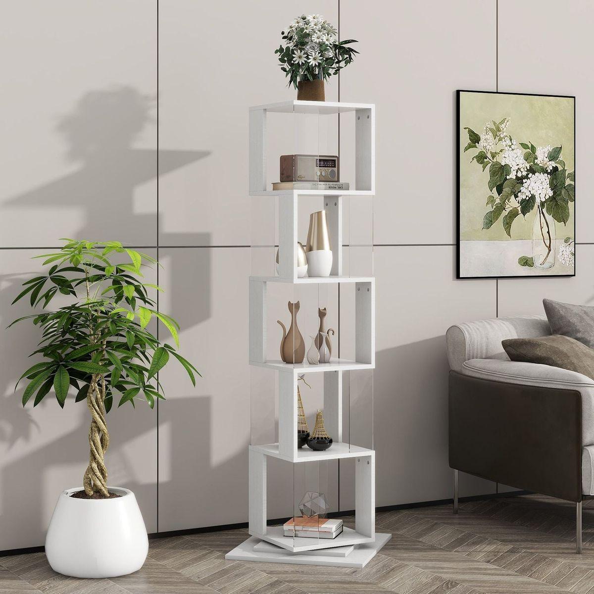 5 tier Rotating Bookshelf, Floor Rack Simple Bookcase with Acrylic plate Student Multi-Function Creative Bookshelf for Living Room with anti-toppling base