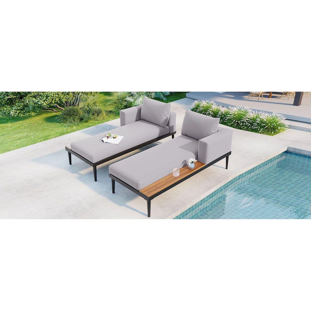 Modern Outdoor Daybed Patio Metal Daybed with Wood Topped Side Spaces for Drinks, 2 in 1 Padded Chaise Lounges for Poolside, Balcony, Deck, Gray