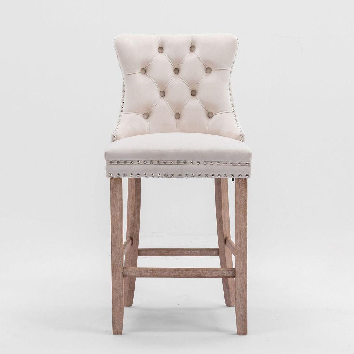 Contemporary Velvet Upholstered Barstools with Button Tufted Decoration and Wooden Legs, and Chrome Nailhead Trim, Leisure Style Bar Chairs,Bar stools, Set of 2 (Beige)