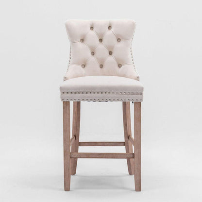 Contemporary Velvet Upholstered Barstools with Button Tufted Decoration and Wooden Legs, and Chrome Nailhead Trim, Leisure Style Bar Chairs,Bar stools, Set of 2 (Beige)