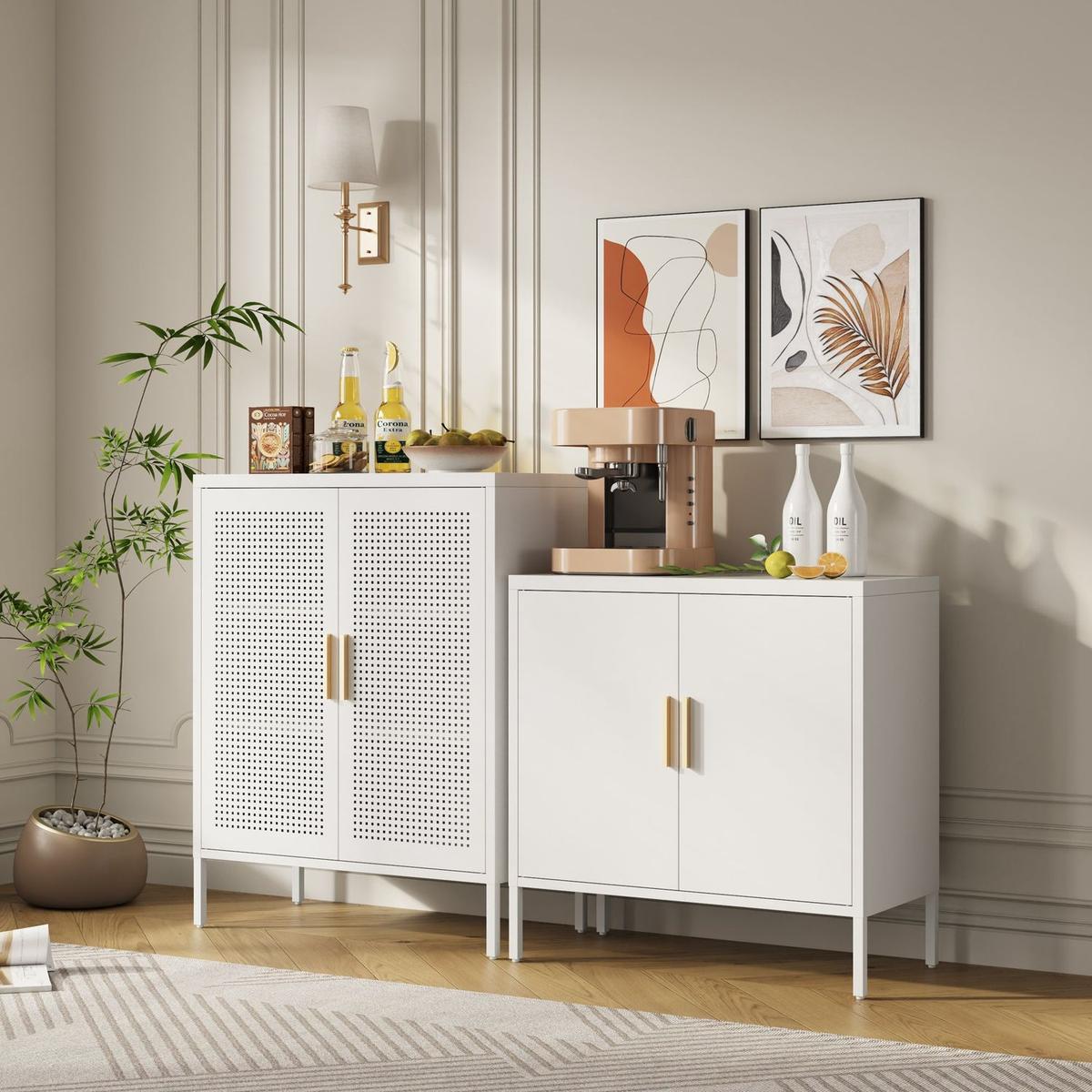 Metal Storage Cabinet with 2 Doors and 2 Adjustable Shelves, Steel Lockable Garage Storage Cabinet, Metal File Cabinet for Home Office School Gym, White