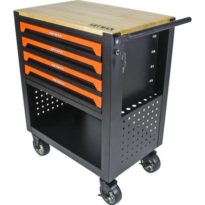 4 DRAWERS MULTIFUNCTIONAL TOOL CART WITH WHEELS AND WOODEN TOP-ORANGE