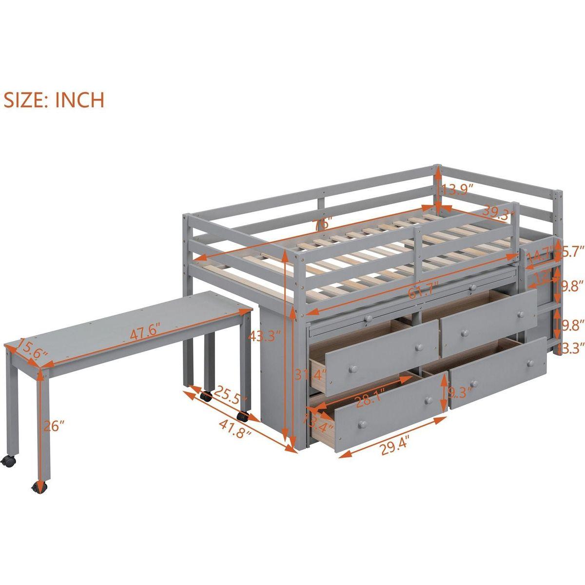 Twin Size Loft Bed with Retractable Writing Desk and 4 Drawers, Wooden Loft Bed with Lateral Portable Desk and Shelves, Gray