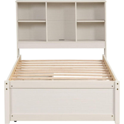Modern Twin Size Bed Frame With Built-in USB Port on Bookcase Headboard and 2 Drawers for White Washed Color