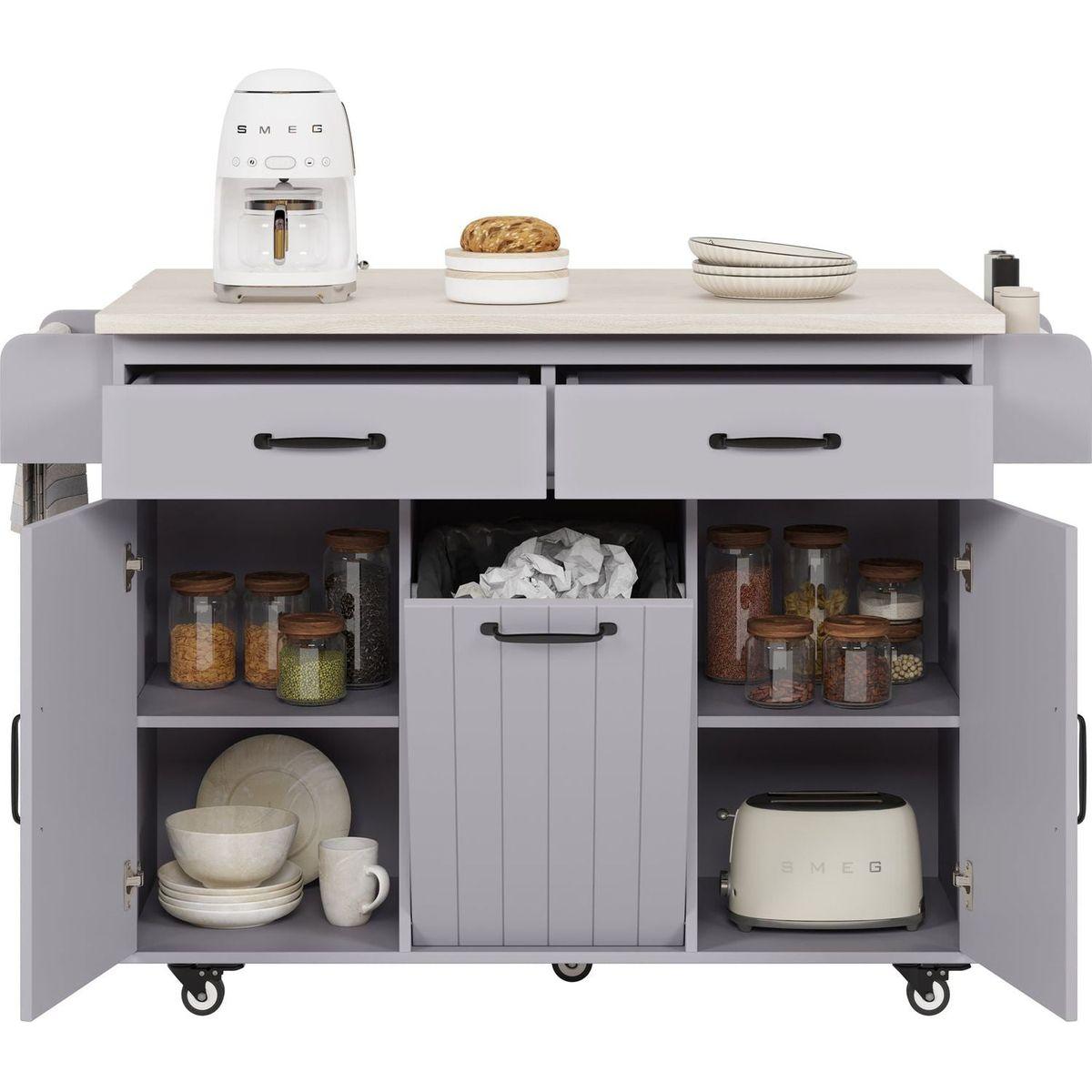 Kitchen Island with Trash Can Storage Cabinet, Kitchen Cart with Drop Leaf, Spice Rack, Towel Rack and Drawer, Rolling Kitchen Island on Wheels with Adjustable Shelf, Grey