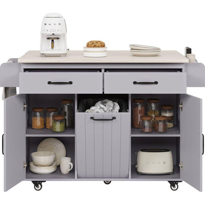 Kitchen Island with Trash Can Storage Cabinet, Kitchen Cart with Drop Leaf, Spice Rack, Towel Rack and Drawer, Rolling Kitchen Island on Wheels with Adjustable Shelf, Grey