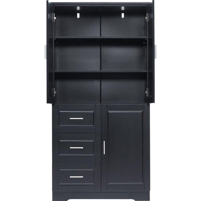 Tall and Wide Storage Cabinet with Doors for Bathroom/Office, Three Drawers, Black