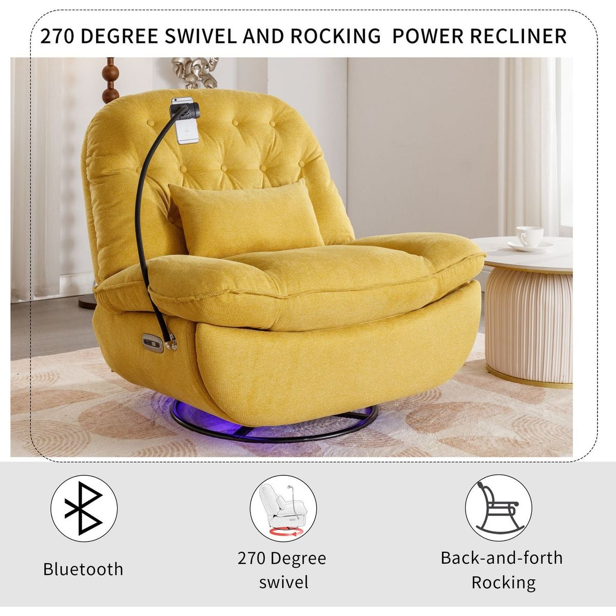 270 Degree Swivel Power Recliner with Voice Control, Bluetooth Music Player,USB Ports, Atmosphere Lamp, Hidden Arm Storage and Mobile Phone Holder for Living Room, Bedroom, Apartment, Yellow