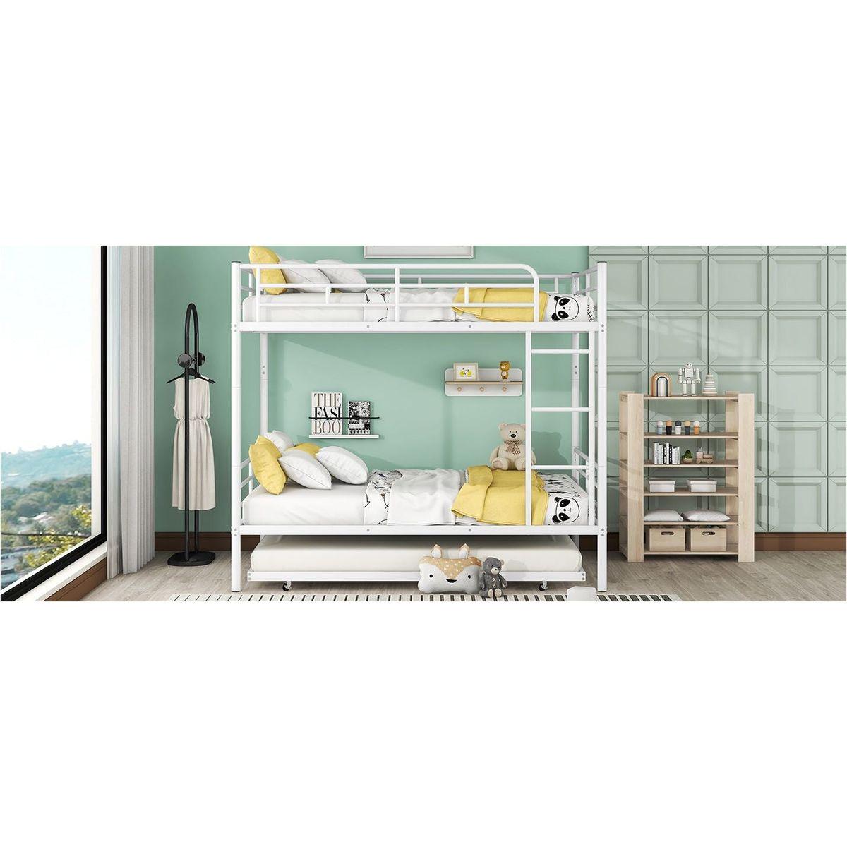 Full Over Full Metal Bunk Bed with Trundle, White