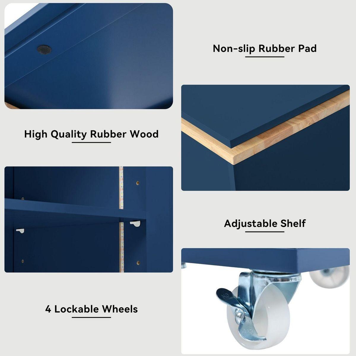 Rolling Kitchen Island With Movable Extended Table, Kitchen Cabinet on Wheels with Power Outlets and 2 Fluted Glass Doors, Kitchen Island with a Storage Compartment and Side 3 Open Shelves, Navy