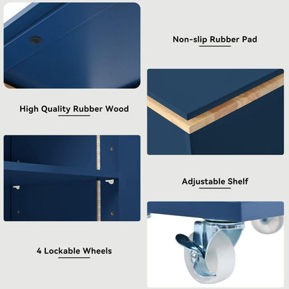 Rolling Kitchen Island With Movable Extended Table, Kitchen Cabinet on Wheels with Power Outlets and 2 Fluted Glass Doors, Kitchen Island with a Storage Compartment and Side 3 Open Shelves, Navy