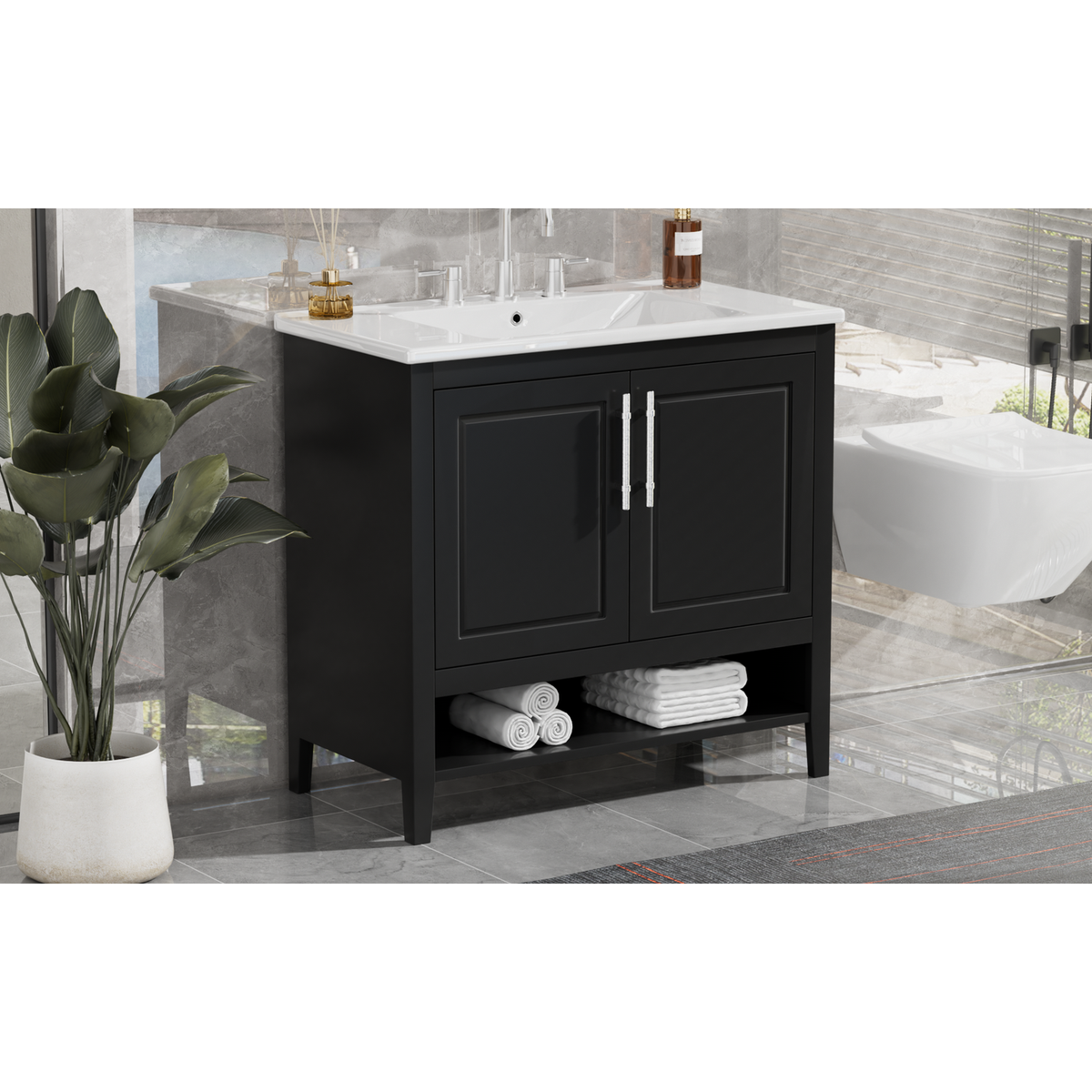 36" Bathroom Vanity with Sink, Multi-functional Bathroom Cabinet with Doors and Drawers, MDF Frame and MDF Board, Black