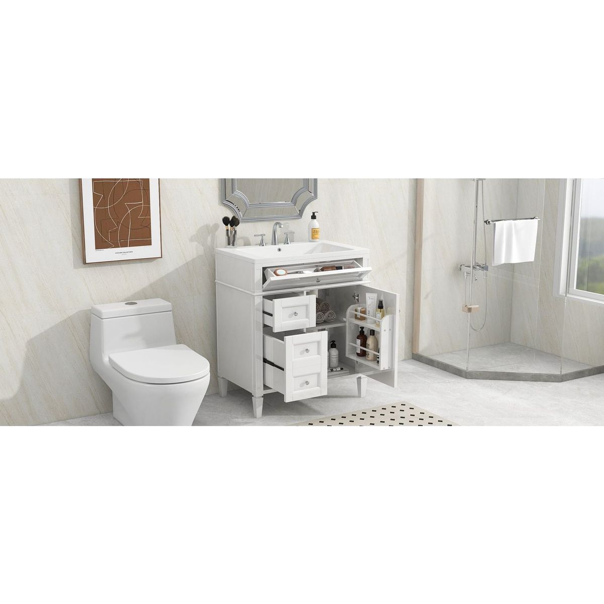 30" Bathroom Vanity with Top Sink, Modern Bathroom Storage Cabinet with 2 Drawers and a Tip-out Drawer, Single Sink Bathroom Vanity