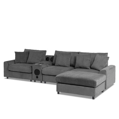 Modular Corduroy Sectional Sofa with Bluetooth Speakers, USB Charger, Cup Holders, Storage, and Ottoman in Dark Gray