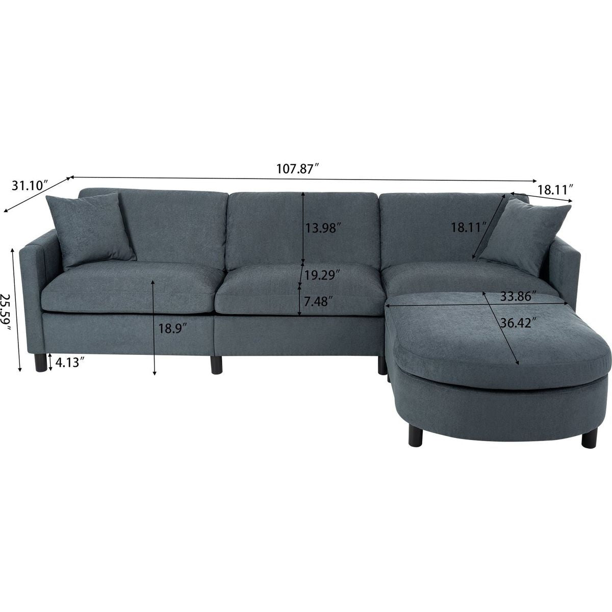 107.87'Sectional Sofa Couch With 1 Ottoman,Seat Cushion and Back Cushion Removable