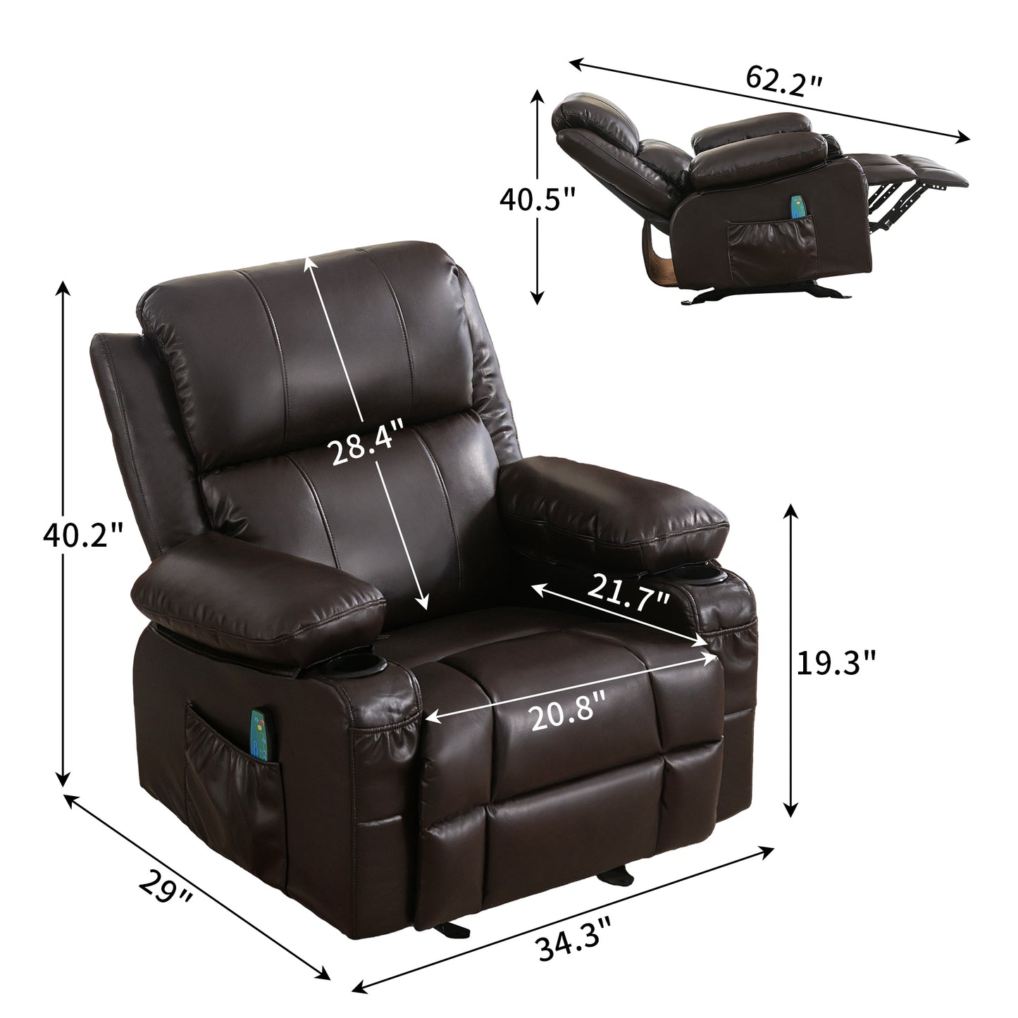 Vanbow.Recliner Chair Rocking Chairs for Adults Oversized with 2 Cup Holders, USB Charge Port Soft Features a Manual Massage and Heat.BROWN