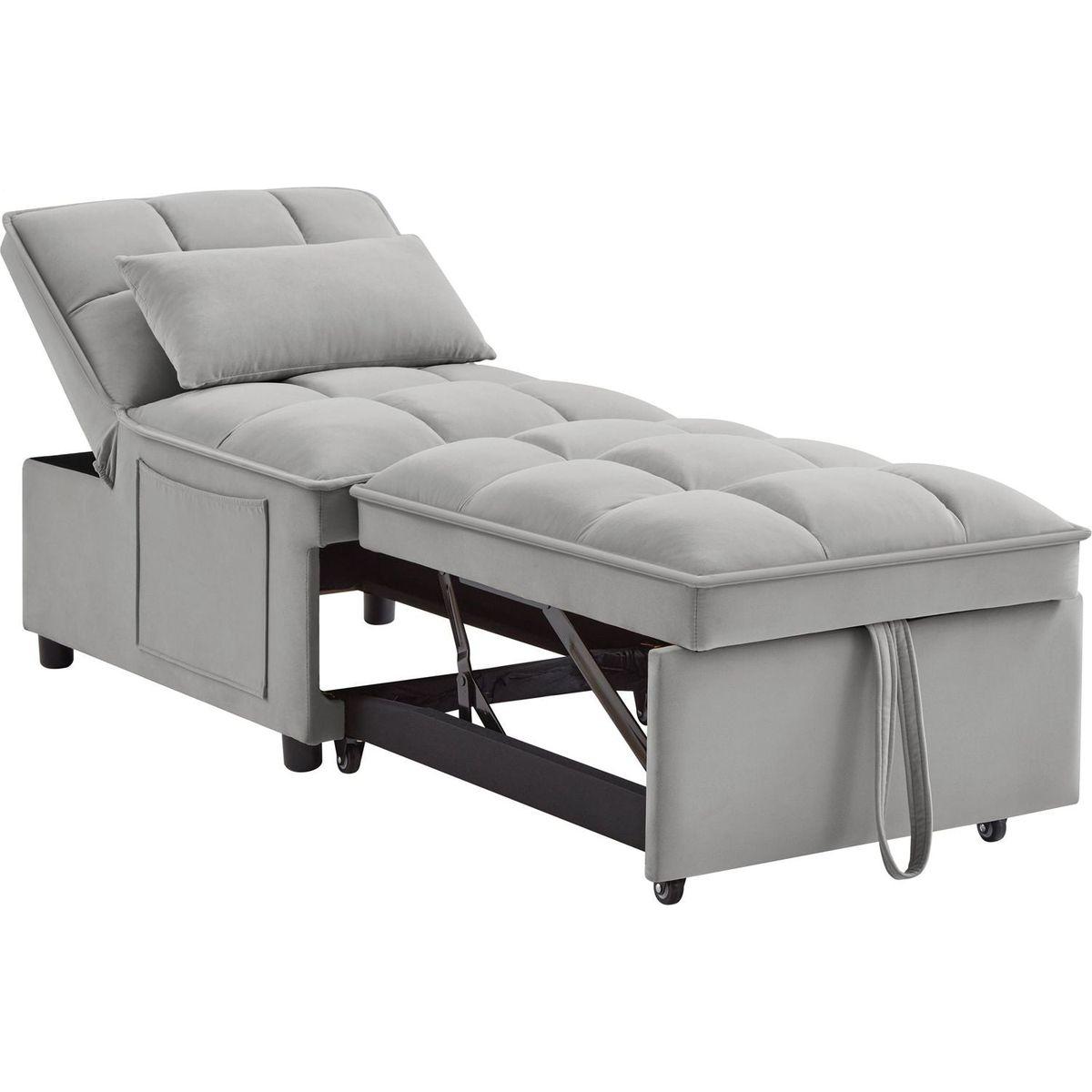 4 in1 Multi-Function Single Sofa Bed with Storage Pockets,Tufted Single Pull-out Sofa Bed with Adjustable Backrest and Pillows, Convertible Chaise Lounge,Gray