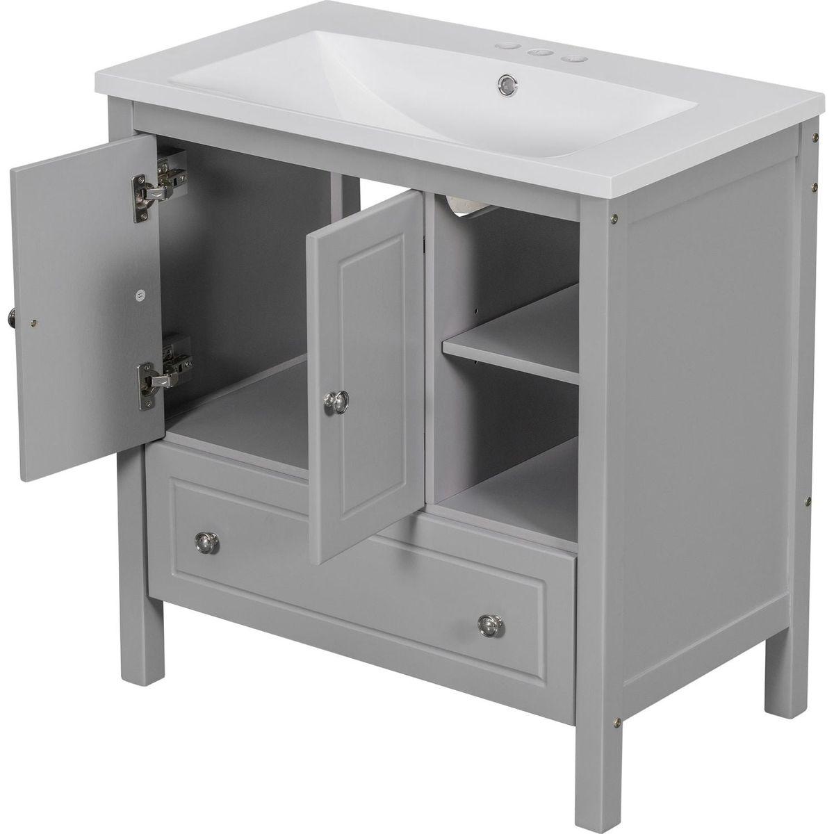 30" Bathroom Vanity with Sink, Bathroom Storage Cabinet with Doors and Drawers, Solid Wood Frame, Ceramic Sink, Grey