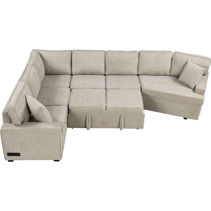 126" L-shaped Sofa Sectional Sofa Couch Pull-out Sofa Bed with Charging Devices and Cup Holders for Living Room, Beige
