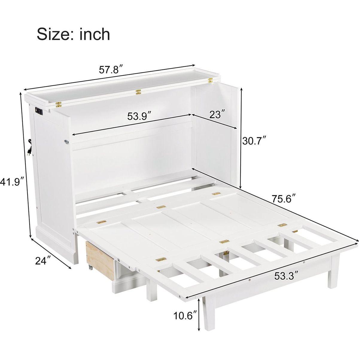 Solid Pine Murphy Bed Chest Cube Cabinet Bed with Charging Station and Large Storage Drawer for Home Office or Small Room,Full,White