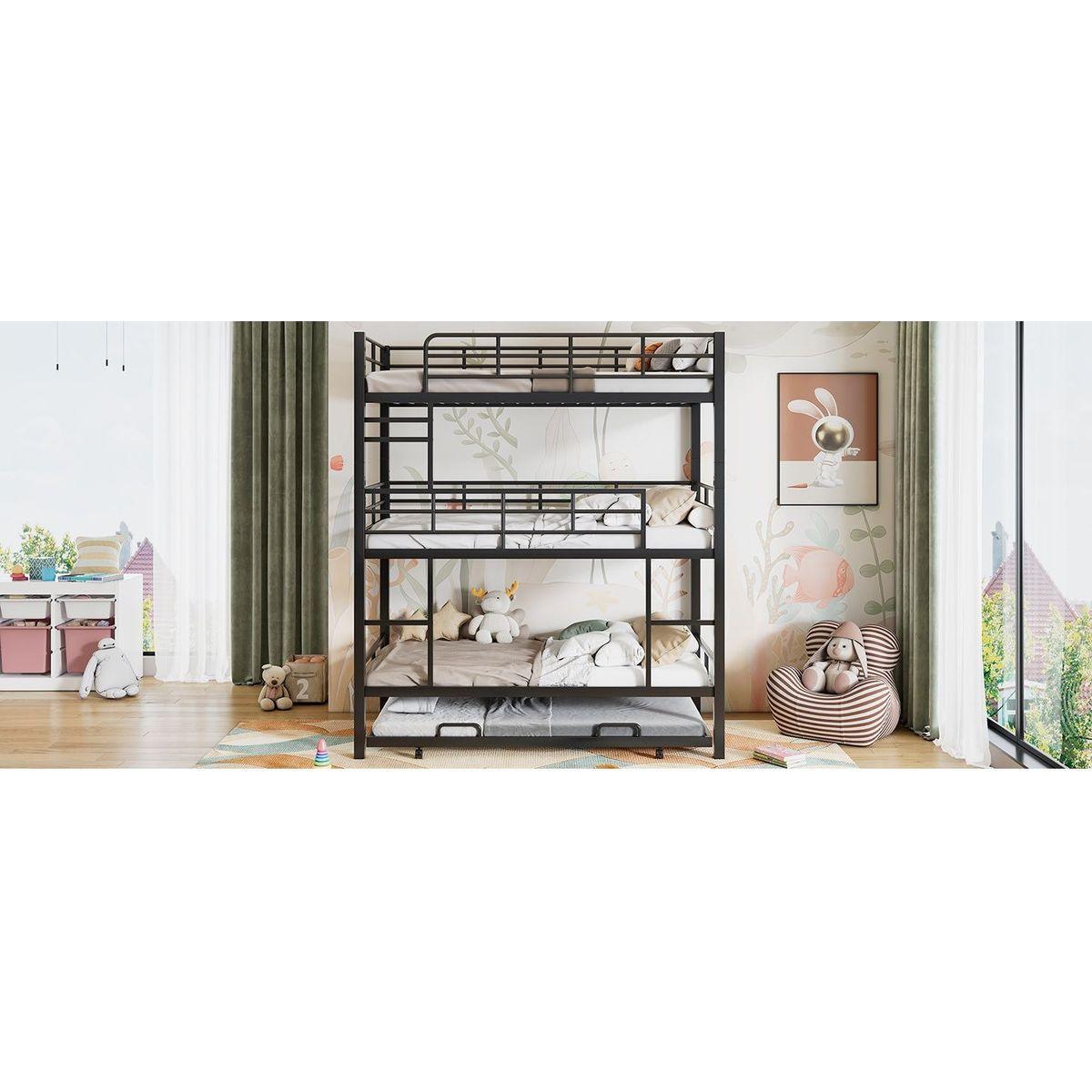 Metal Twin Size Triple Bunk Bed With Trundle, Black