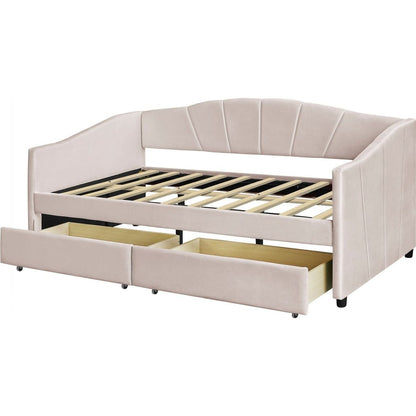 Upholstered daybed Twin Size with Two Drawers and Wood Slat, Beige