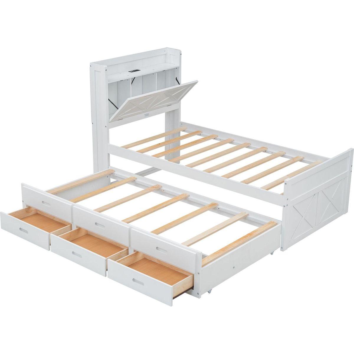 Twin Size Wooden Bed with Storage Headboard with Outlets, Extendable Bed with Twin Size Trundle with Three Storage Drawers,White