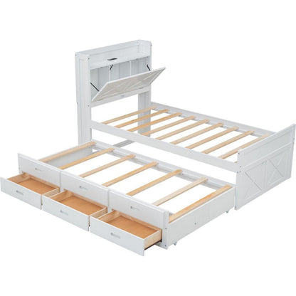 Twin Size Wooden Bed with Storage Headboard with Outlets, Extendable Bed with Twin Size Trundle with Three Storage Drawers,White