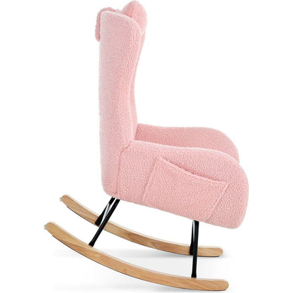 Rocking Chair Nursery, Teddy Upholstered Rocker Glider Chair with High Backrest, Adjustable Headrest & Pocket, Comfy Glider Chair for Nursery, Bedroom, Living Room, Offices, Rubber wood, pink