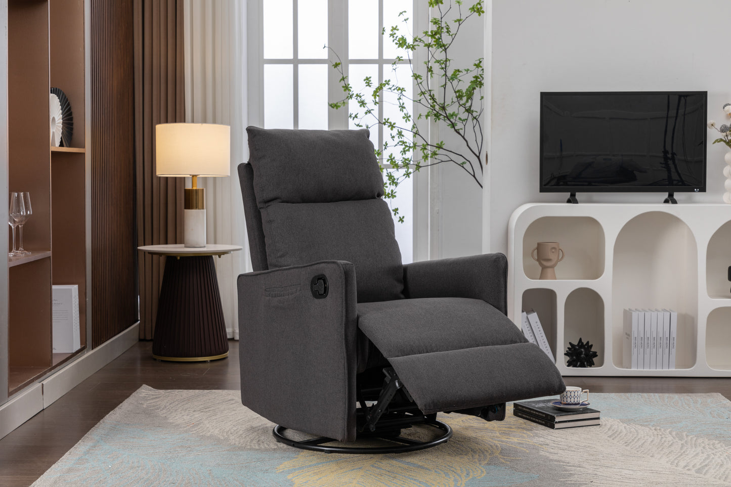 Cotton Linen Fabric Swivel Rocking Chair Glider Rocker Recliner Nursery Chair With Adjustable Back And Footrest For Living Room Indoor,Dark Gray