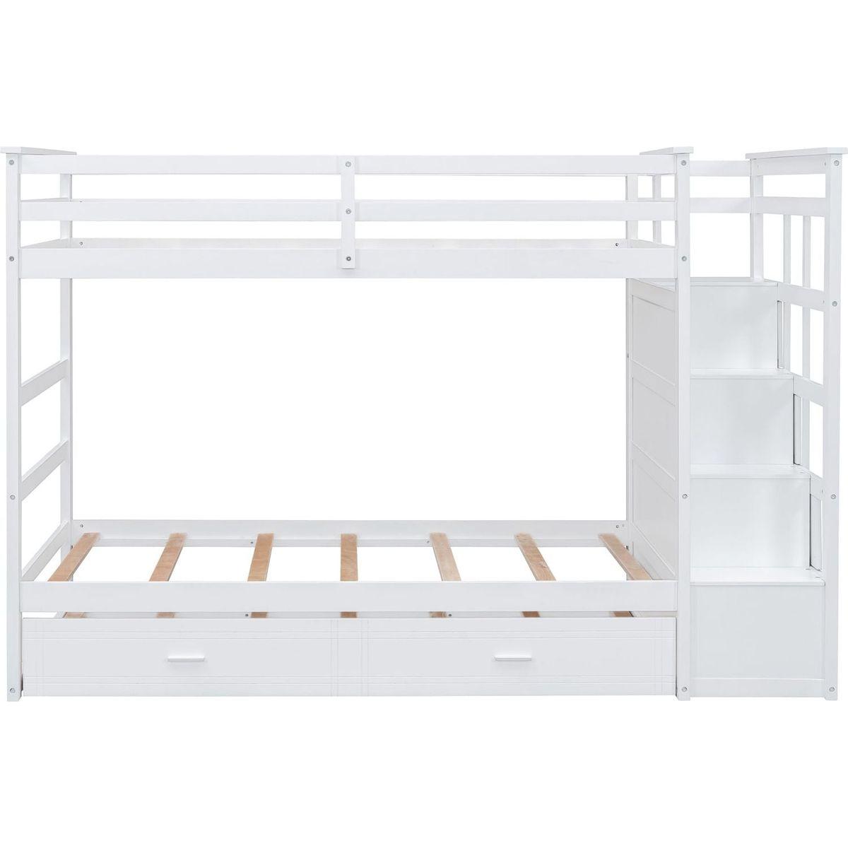 Twin Over Twin Bunk Bed with Trundle and Staircase,White
