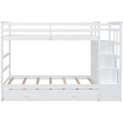 Twin Over Twin Bunk Bed with Trundle and Staircase,White