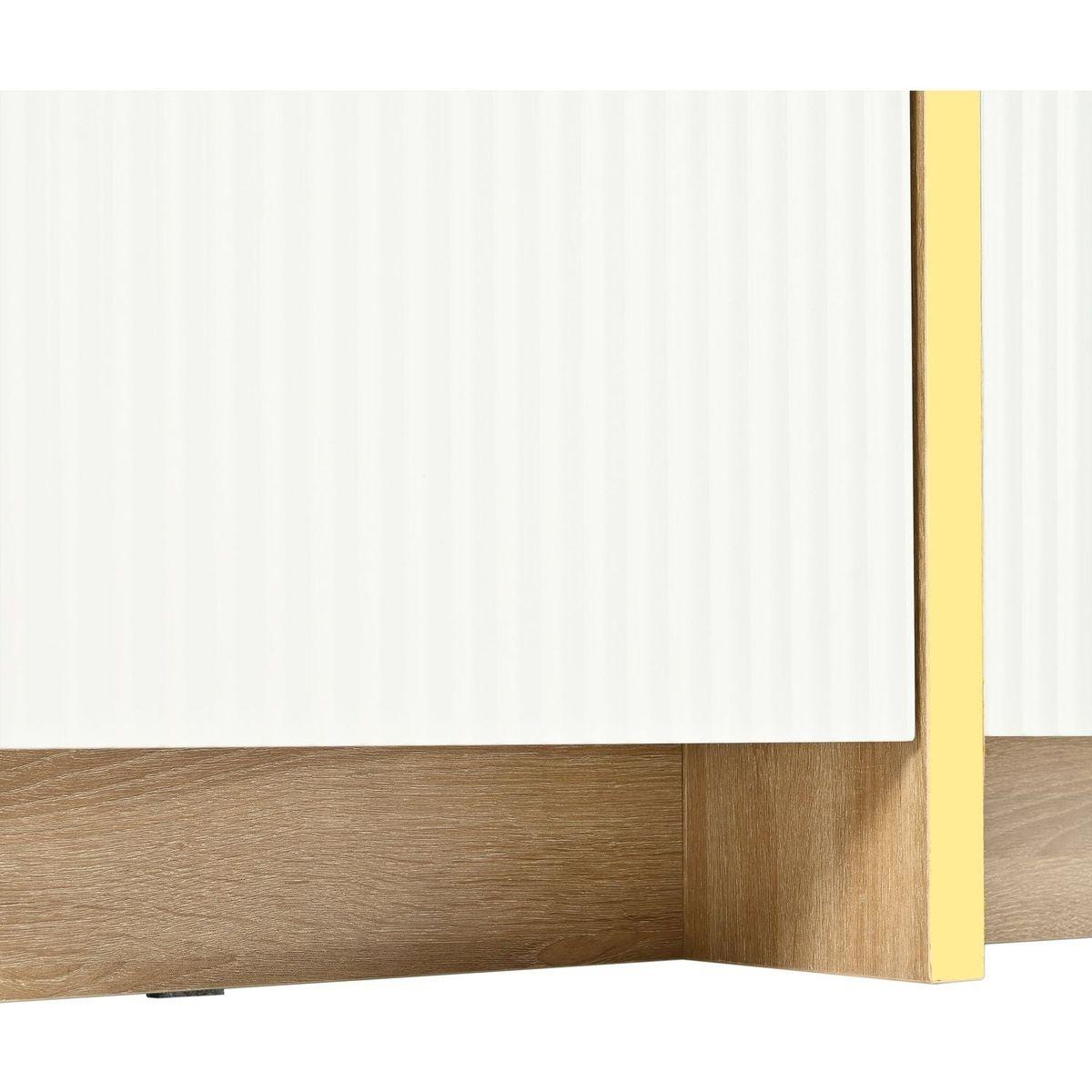 Luxury Fluted TV Stand for TVs Up to 80", Modern Entertainment Center with Storage Cabinets & Drawers, Smooth Media Console with Golden Wood Grain Legs for Living Room, White