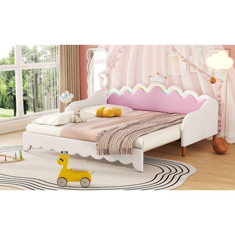 Twin Extending Daybed with LED Lights, Modern Upholstered Princess Daybed With Crown Headboard,White - Streamdale Furniture