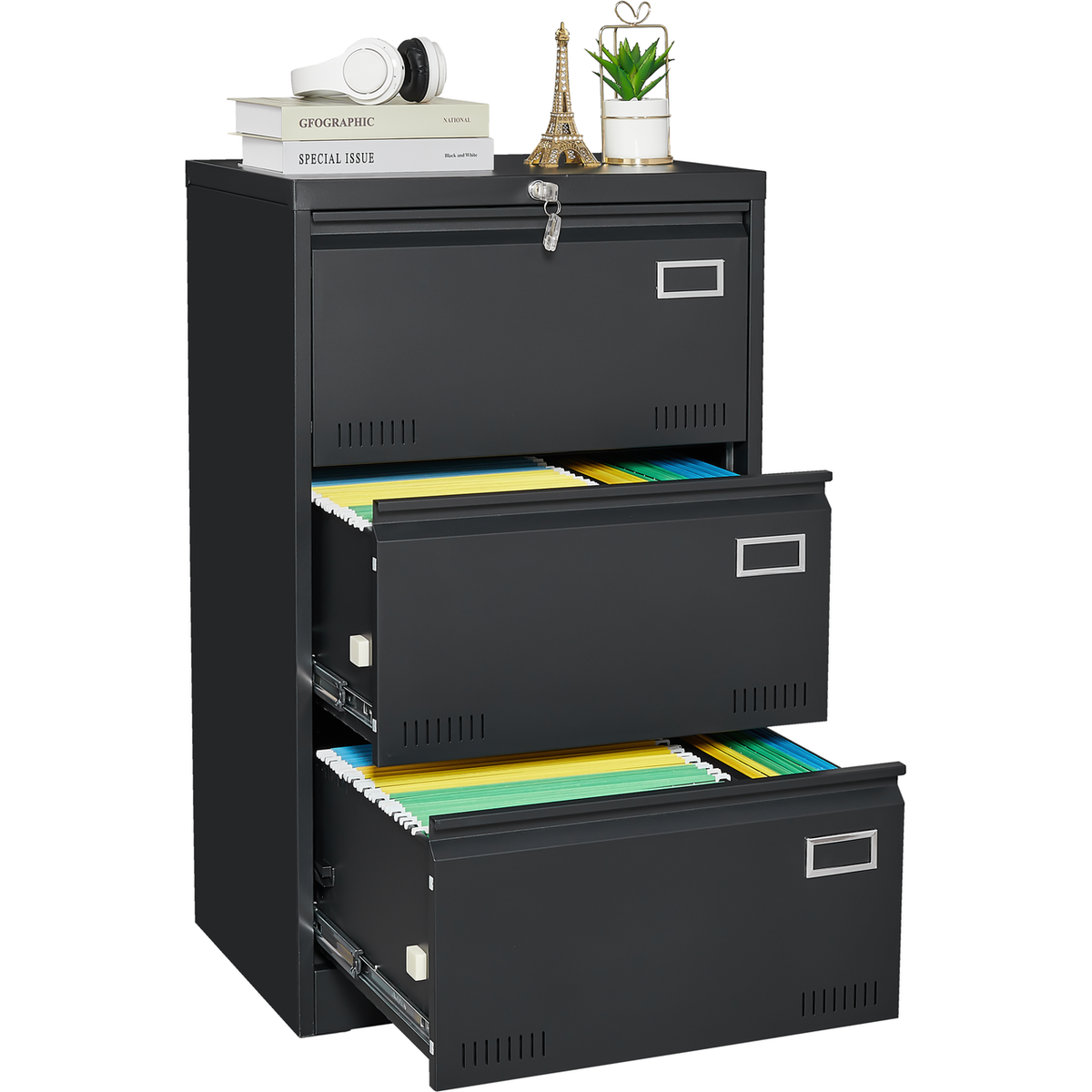 Filing Cabinet Lateral File Cabinet 3 Drawer, Blcak Locking Metal File Cabinets Three Drawer, Office Filing Cabinet with Lock Drawers for Home Office/Legal/Letter/A4/F4